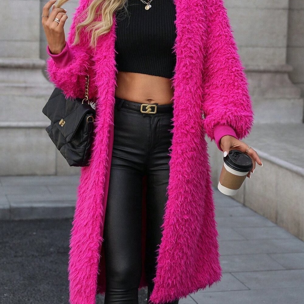 Hot Pink Casual Women's Mid-Length Faux Mink Fur Coat - Picture 6 of 6